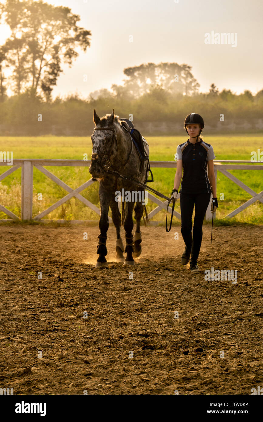 Belle fille jockey tenir à côté de son cheval portant des uniformes spéciaux sur un fond de ciel sur un coucher de soleil. Banque D'Images