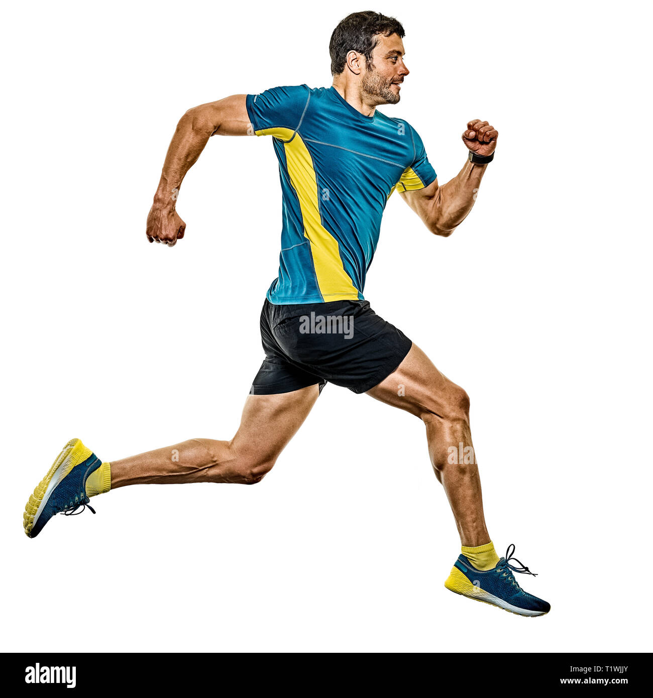 Un beau portrait young man running jogging runner jogger isolé sur fond blanc Banque D'Images