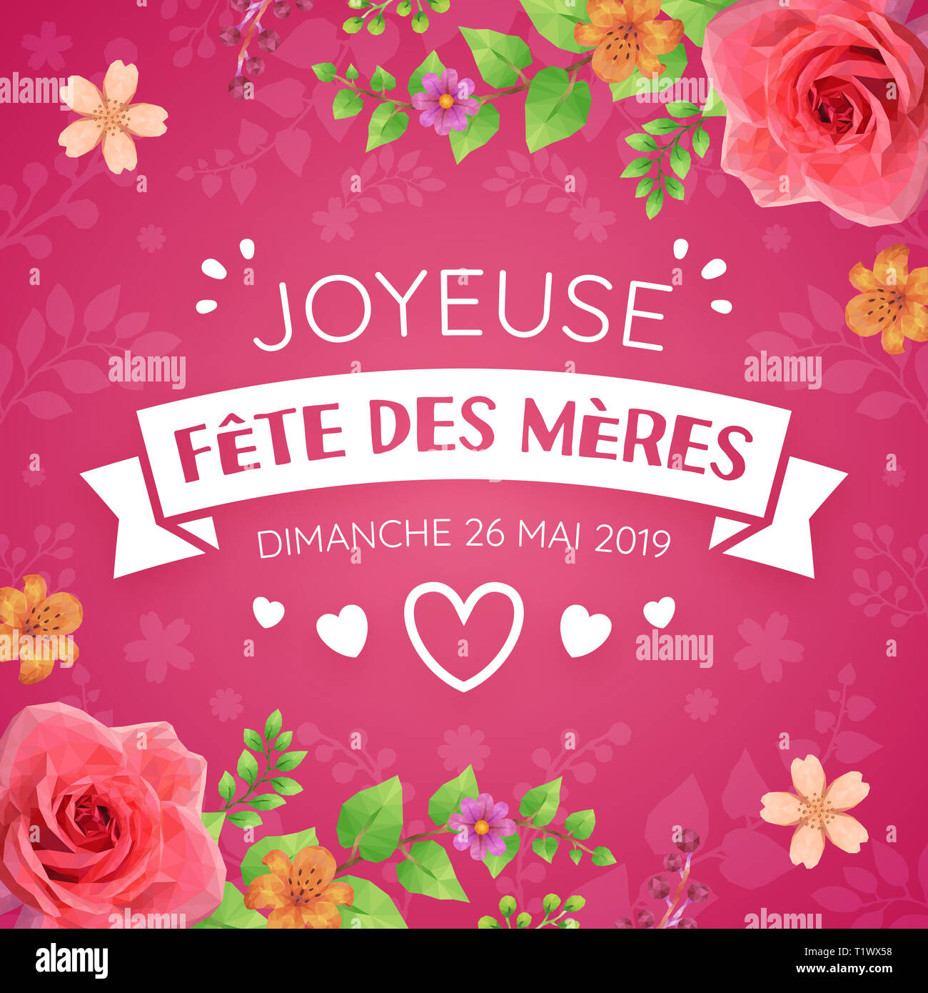 Happy mother's day card, avec décoration florale, en français. Banque D'Images