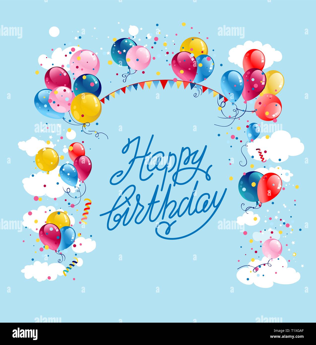 Chassis De Fete Avec Des Ballons Et Des Drapeaux Sur Ciel Bleu Joyeux Anniversaire Cartoon Illustration Image Vectorielle Stock Alamy