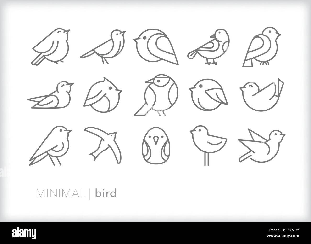 Ensemble de 15 icônes de la ligne d'oiseaux animaux ailés battant, nettoyage, perché et chant Illustration de Vecteur