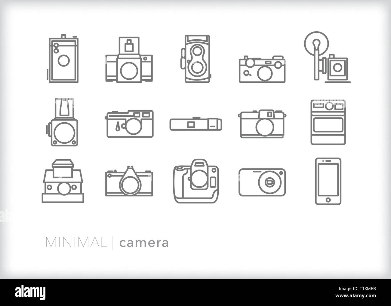 Ensemble de 15 icônes de ligne de l'appareil photo moyen format reflex, reflex, instant et caméras de téléphone intelligent Illustration de Vecteur