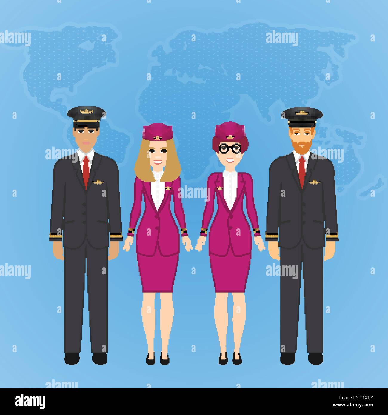 Groupe de télévision cute cartoon gens de caractères d'aéronefs dans l'air uniforme. Ensemble de personnes des professions de l'aviation, pilote, le capitaine et le personnel des compagnies aériennes. Vector Illustration de Vecteur