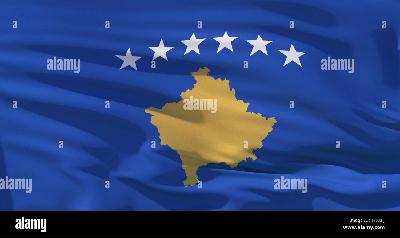 Drapeau du Kosovo sur soie texture background. Illustration 3d de haute qualité idéal pour les news, la conception, l'arrière-plan. Qualité 4K Banque D'Images