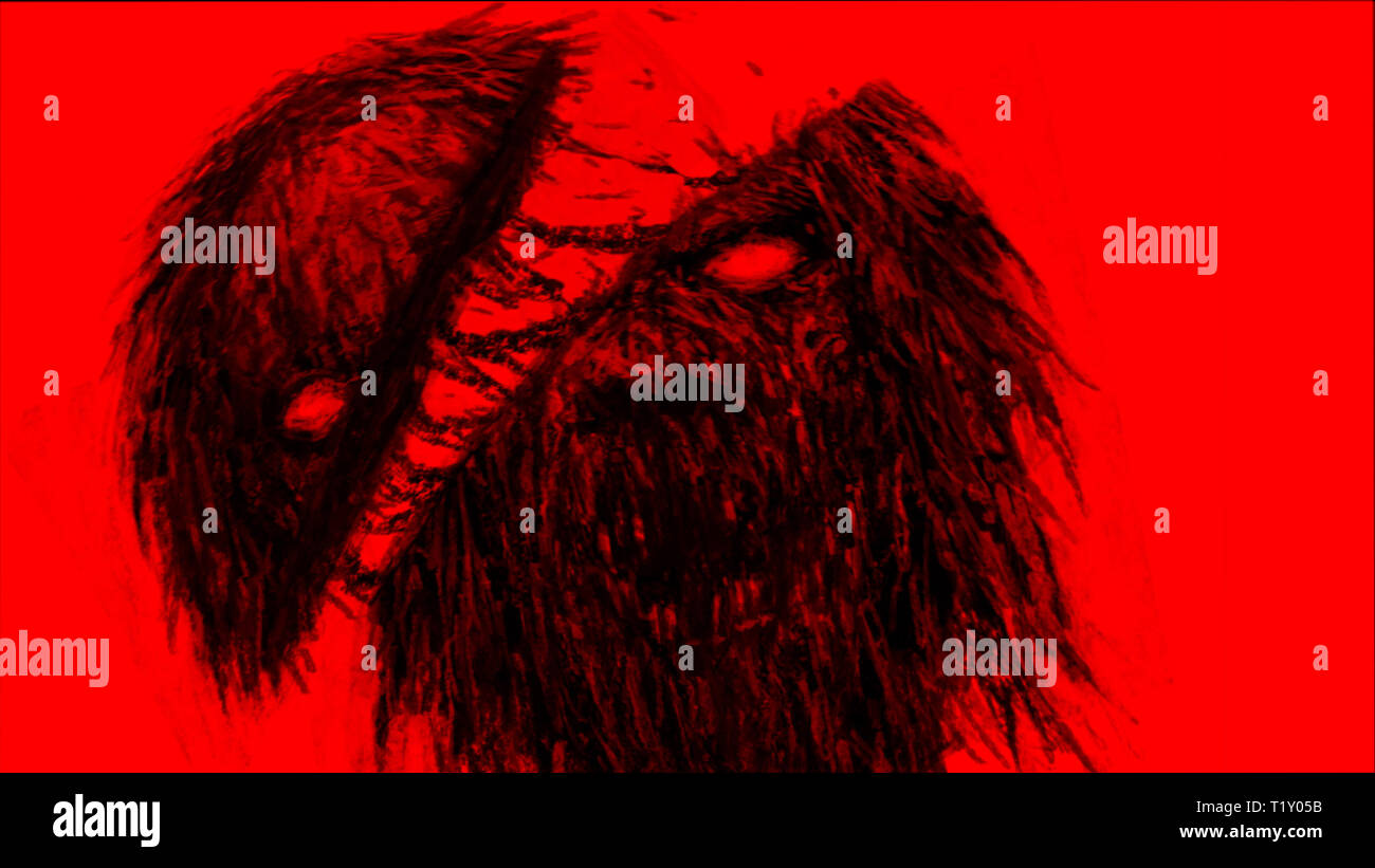 Par hachés zombies épée monster. Illustration dans le genre d'horreur. Caractère d'horreur concept. Couleur de fond rouge. Banque D'Images