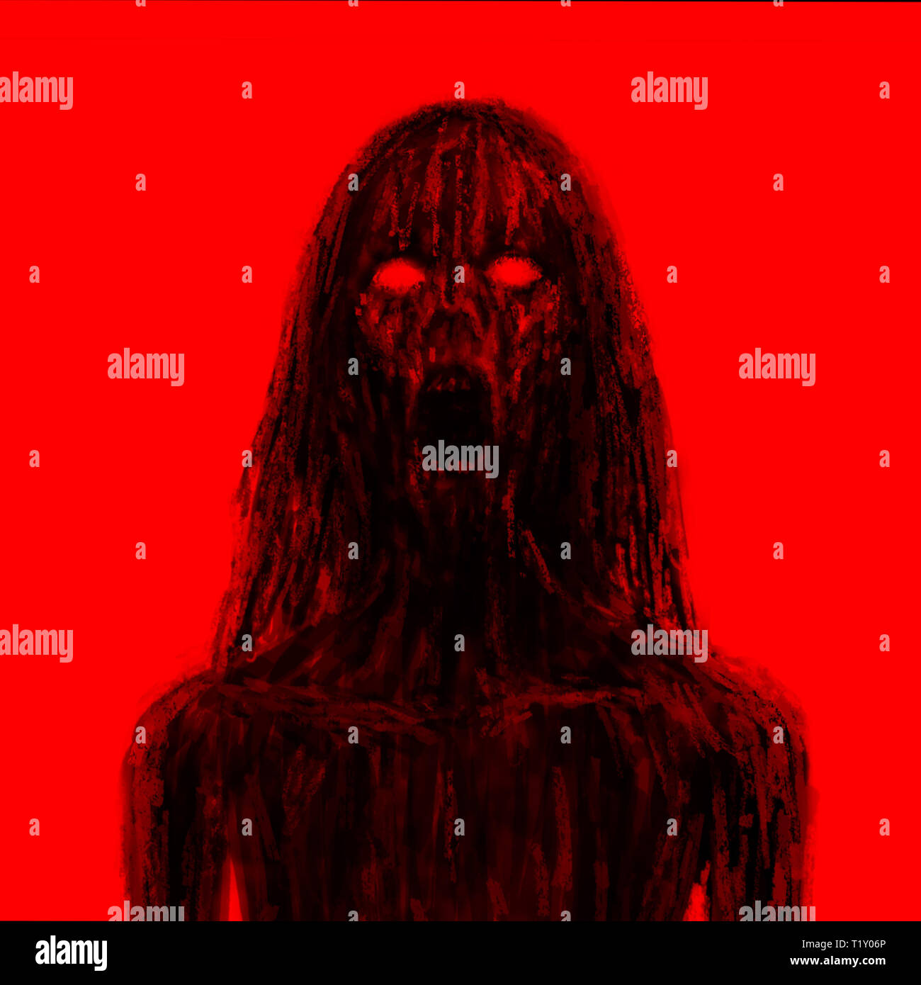 Scary girl vampire dans la boue noire. Illustration dans le genre d'horreur. Caractère d'horreur concept. Couleur Noir et rouge. Banque D'Images