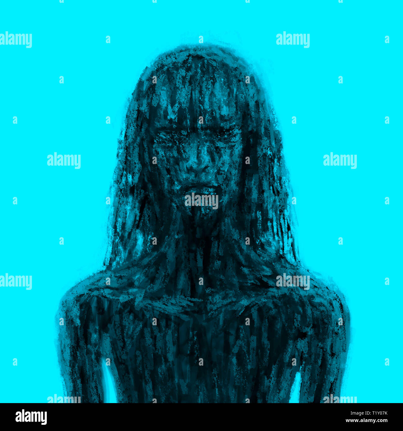 Scary girl glacées dans la boue noire. Illustration dans le genre d'horreur. Caractère d'horreur concept. Couleur bleu et noir. Banque D'Images