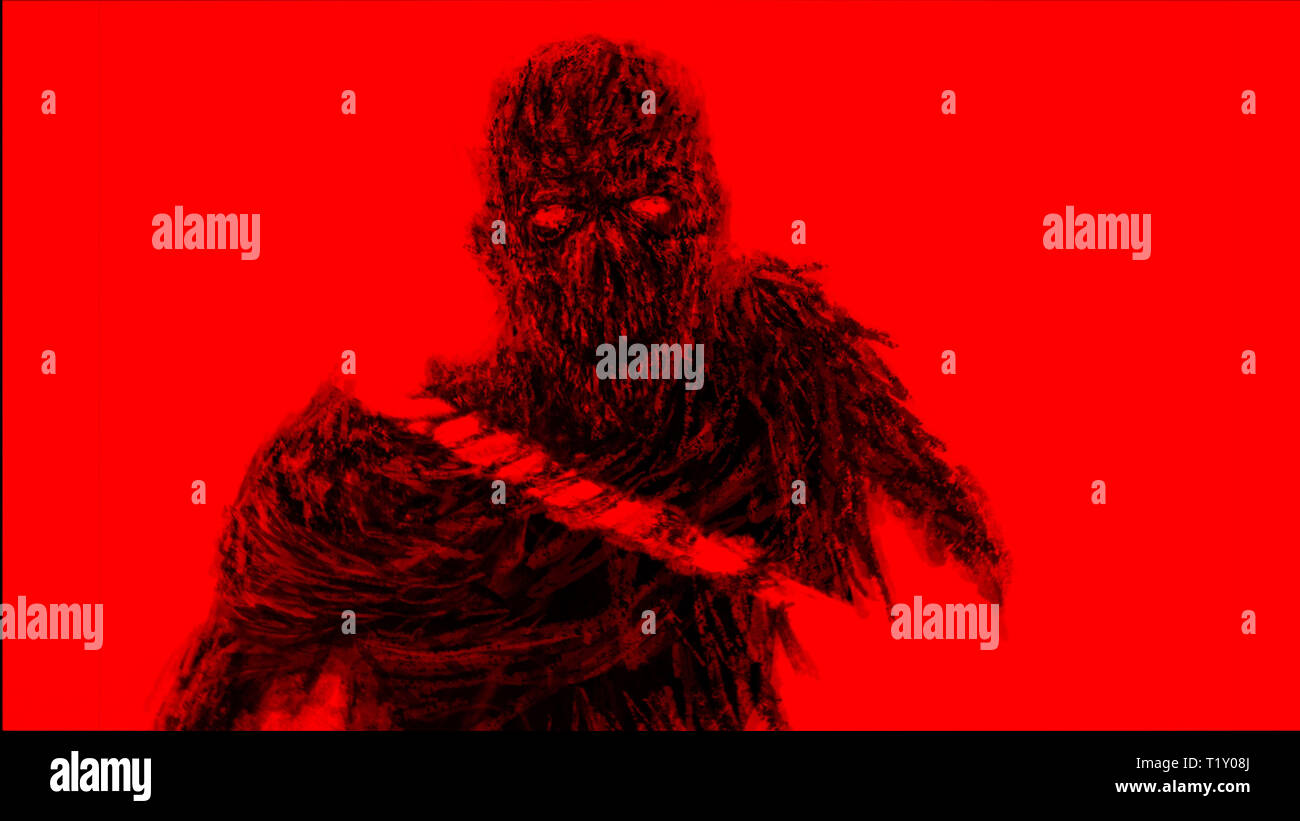 Par hachés zombies épée monster. Illustration dans le genre d'horreur. Caractère d'horreur concept. Couleur de fond rouge. Banque D'Images