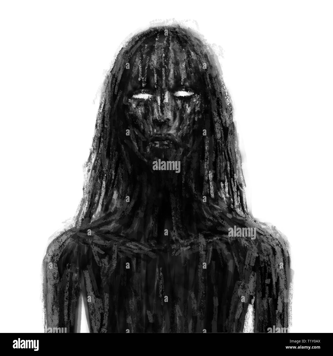 Scary girl vampire dans la boue noire. Illustration dans le genre d'horreur. Caractère d'horreur concept. Couleur Noir et blanc. Banque D'Images