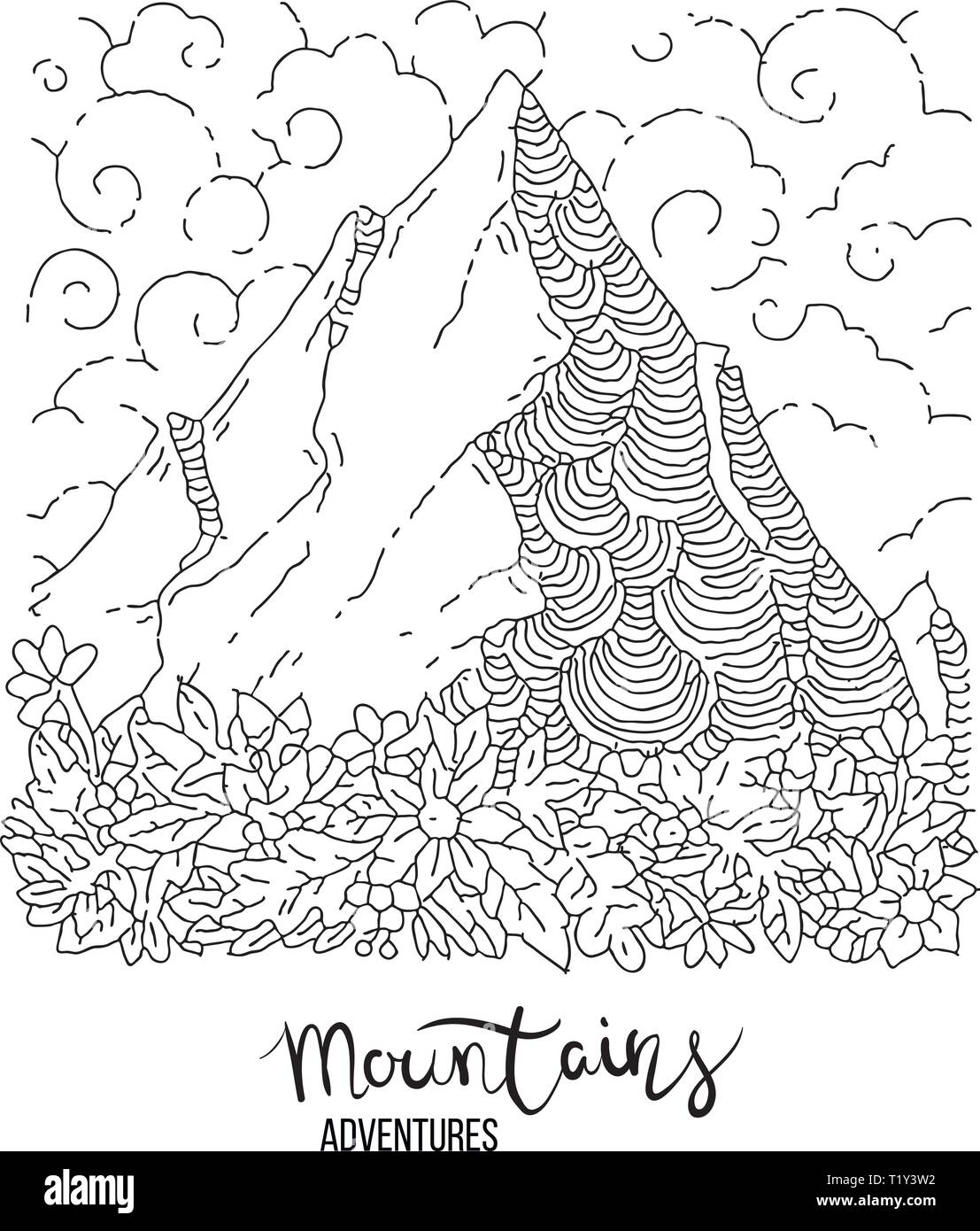 La main libre d'un pic de montagne, leur gravure, grunge textured illustrations vectorielles avec des fleurs Illustration de Vecteur