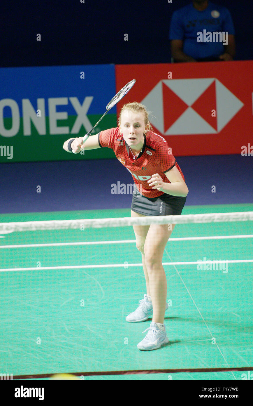 New Delhi, Inde. 28 mars 2019. Mia Blichfeldt du Danemark en action dans la deuxième ronde de femmes en Inde 2019 Yonex Sunrise ouvert à New Delhi, Inde. Credit : Karunesh Johri/Alamy Live News Banque D'Images