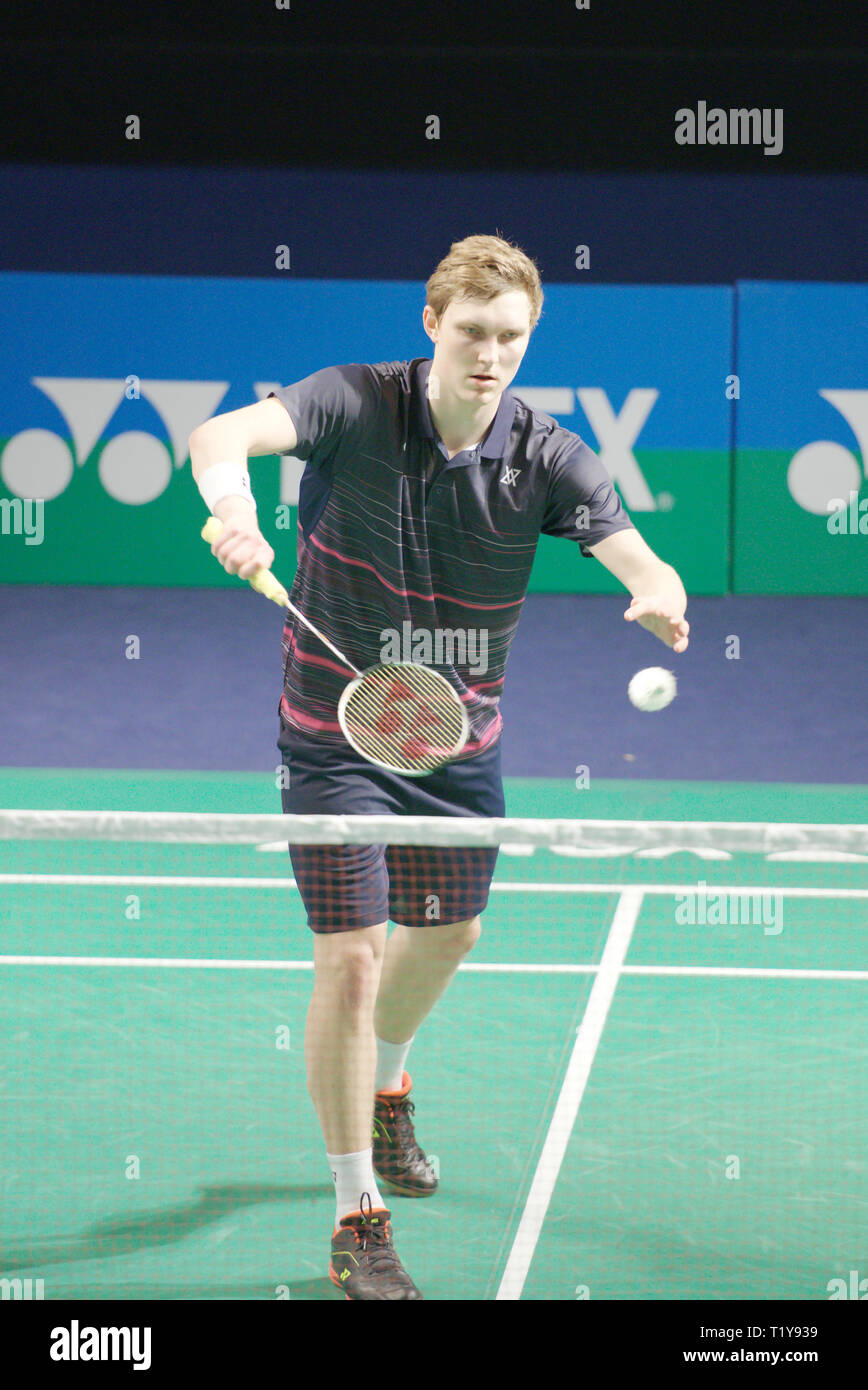 New Delhi, Inde. 28 mars 2019. Viktor Akiyuki Nosaka du Danemark en action dans le deuxième tour de masculin à Sunrise Yonex Open 2019 l'Inde à New Delhi, en Inde. Credit : Karunesh Johri/Alamy Live News Banque D'Images