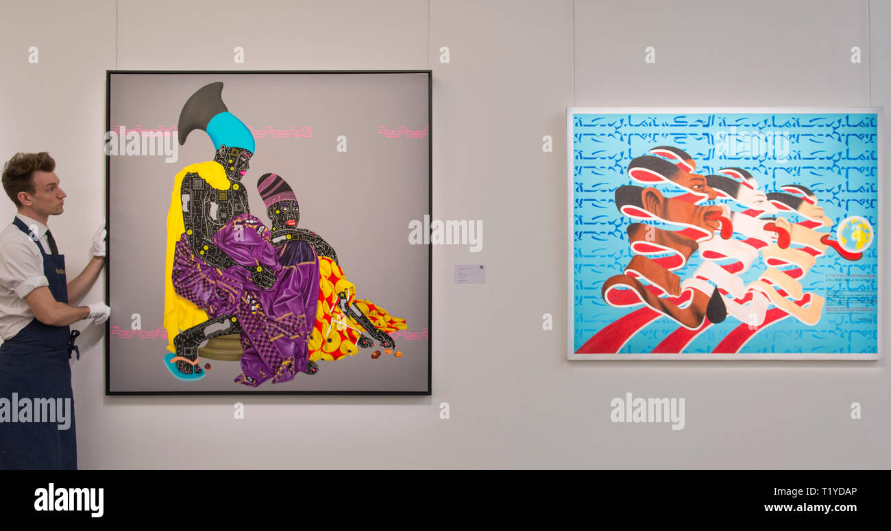 Sotheby's Londres, Royaume-Uni. 29 mars, 2019. L'exposition préalable à la vente d'art moderne et d'Art Contemporain Africain, montrant le travail des artistes de toute la diaspora africaine. Image : (gauche) Eddy Kamuanga Illunga, Palm. Estimation £25,000-35,000 ; (droite) 1884-1888), Collège de la sagesse. Estimation £000 offriront. Credit : Malcolm Park/Alamy Live News. Banque D'Images