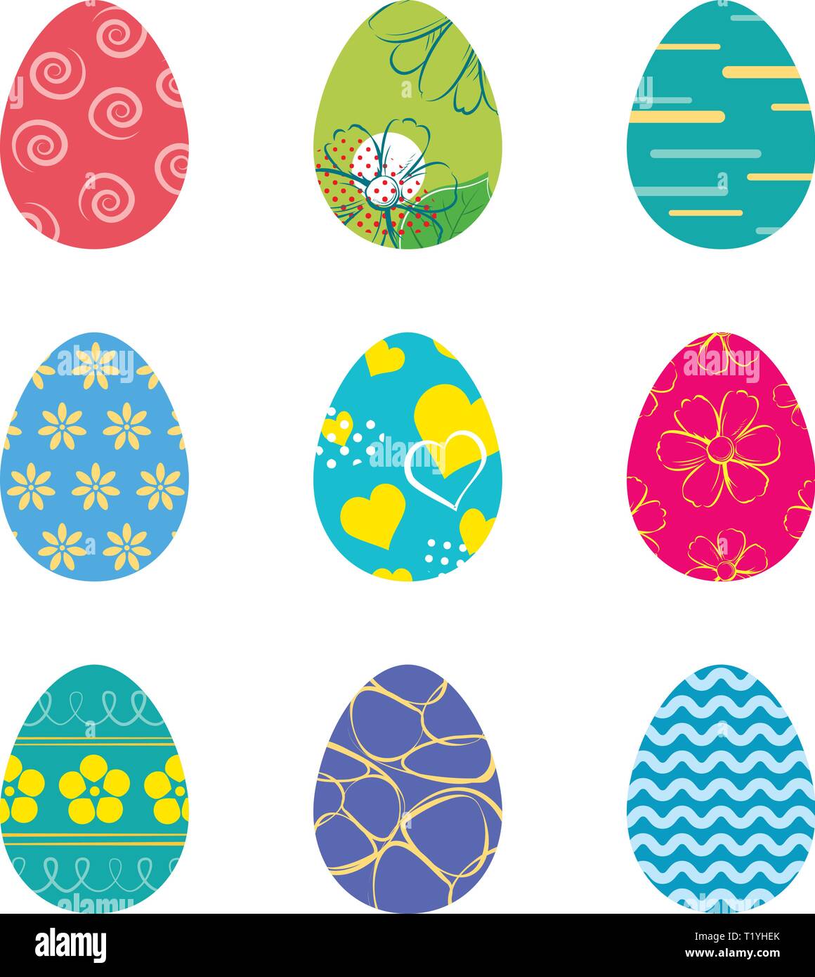 Ensemble d'oeufs de pâques isolé en fond blanc. Vector nouveau design moderne avec différents motifs et couleurs. Illustration de Vecteur