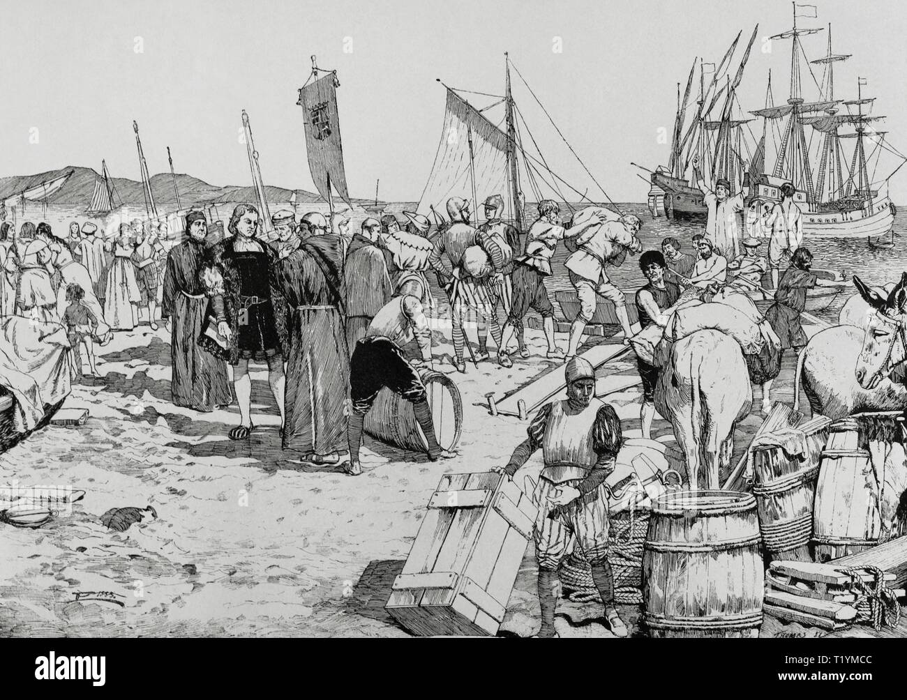 Embarque de Cristobal Colón hacia las Indias en El Puerto de Palos de