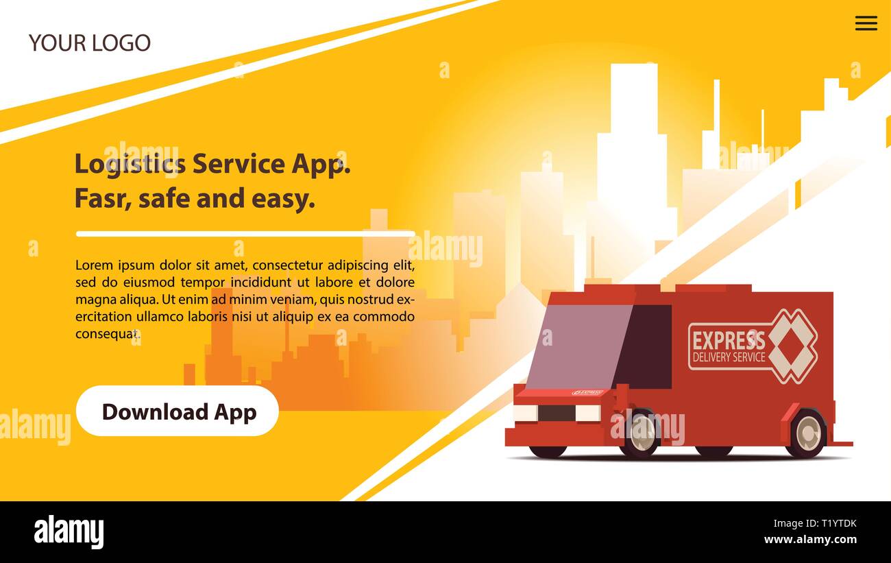 Services de livraison Mobile App avec Comic voiture rouge. Illustration de Vecteur