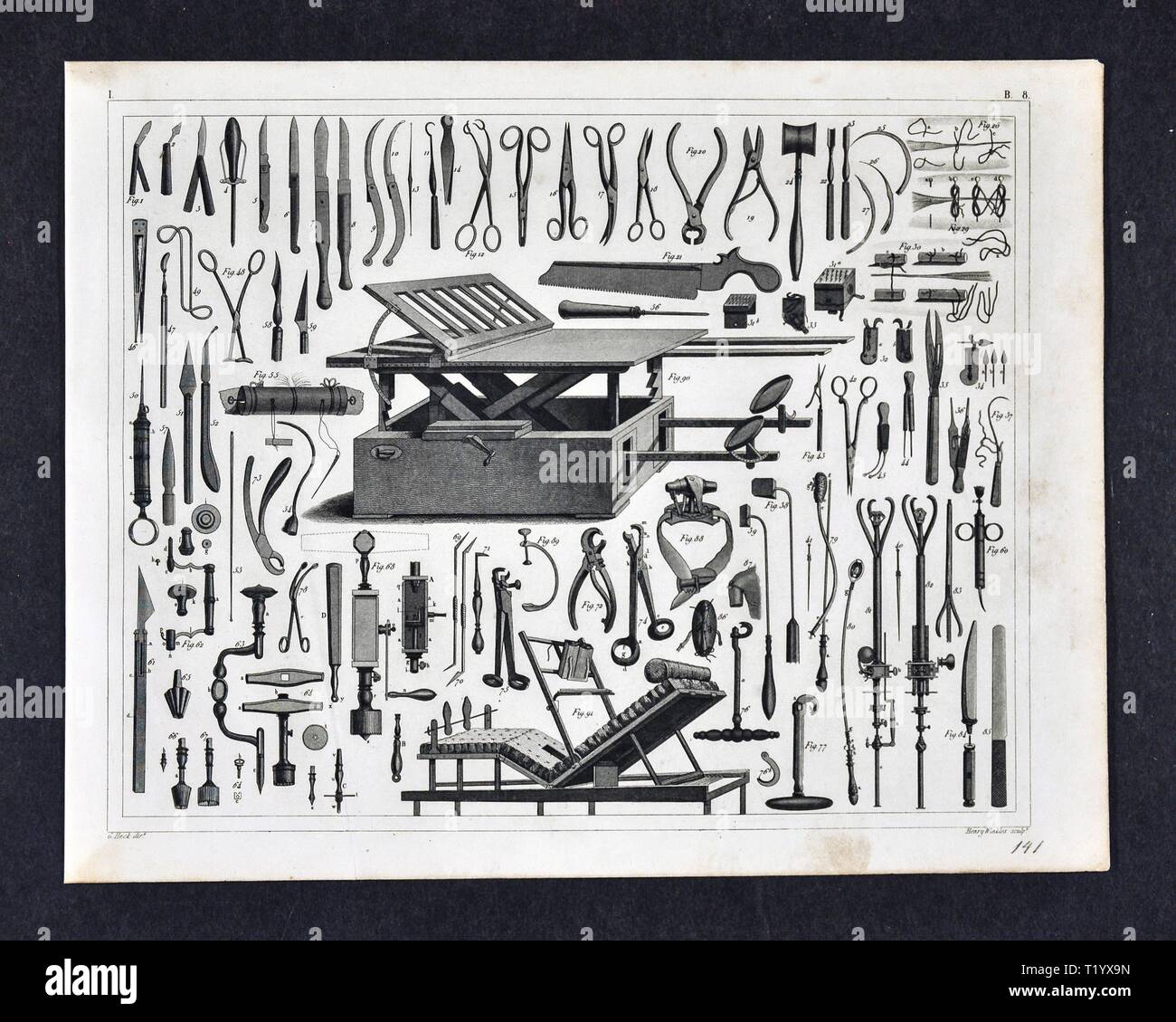1849 Print Illustration médicale d'anciens outils chirurgicaux, y compris les pinces, ciseaux, scalpels, perceuses, seringues et autres instruments Banque D'Images