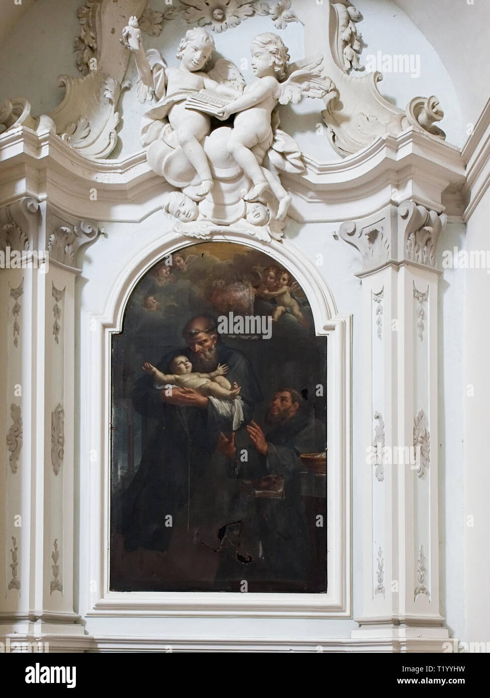 Ombrie Bevagna Italie Italia. Vue de l'intérieur, l'église de San Francesco construit XIII siècle (1275). Huile sur toile San Giuseppe da copertino Banque D'Images