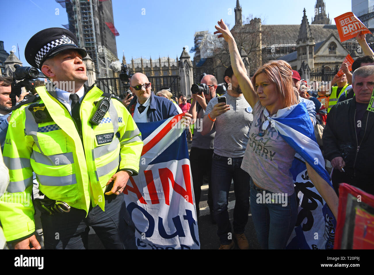 Brexit manifestants devant Westminster, Londres, que les députés devraient examiner et voter sur une motion du gouvernement sur le retrait de l'UE le vendredi soir. Banque D'Images