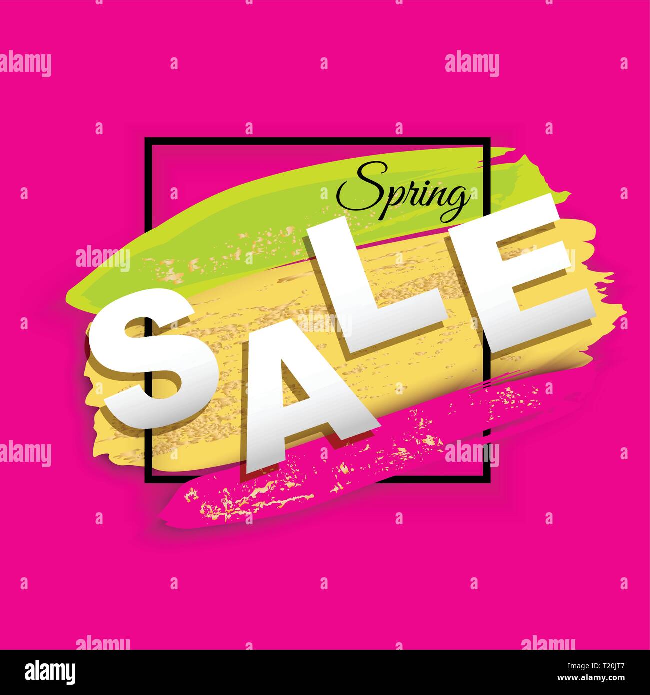 Bannière Vente de printemps. Cadre carré d'or sur fond rose. Vert, jaune, rose blots de l'ombre et de la poudre d'or Illustration de Vecteur