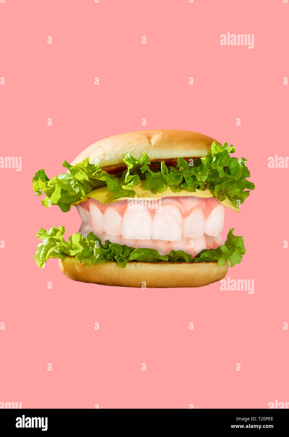Un autre hamburger. Elle a un goût si délicieux. Un hamburger avec de la salade, du fromage et des dents blanches comme une viande contre fond clair. Concept alimentaire. Pop design contemporain. Art collage moderne. Banque D'Images Un autre hamburger. Elle a un goût si délicieux. Un hamburger avec de la salade, du fromage et des dents blanches comme une viande contre fond clair. Concept alimentaire. Pop design contemporain. Art collage moderne. Banque D'Images