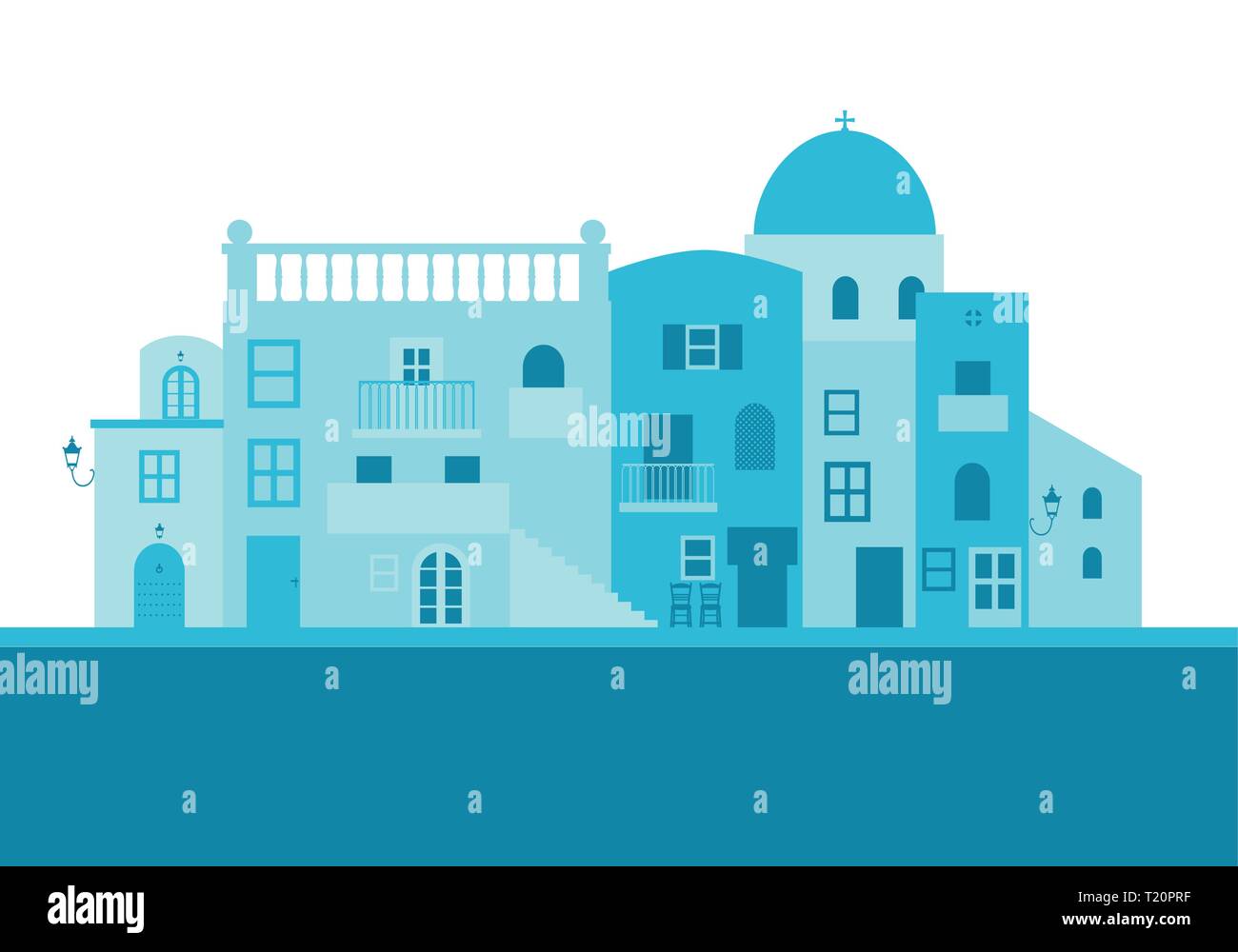 Maisons typiques de l'île grecque en bleu sur fond blanc Illustration de Vecteur