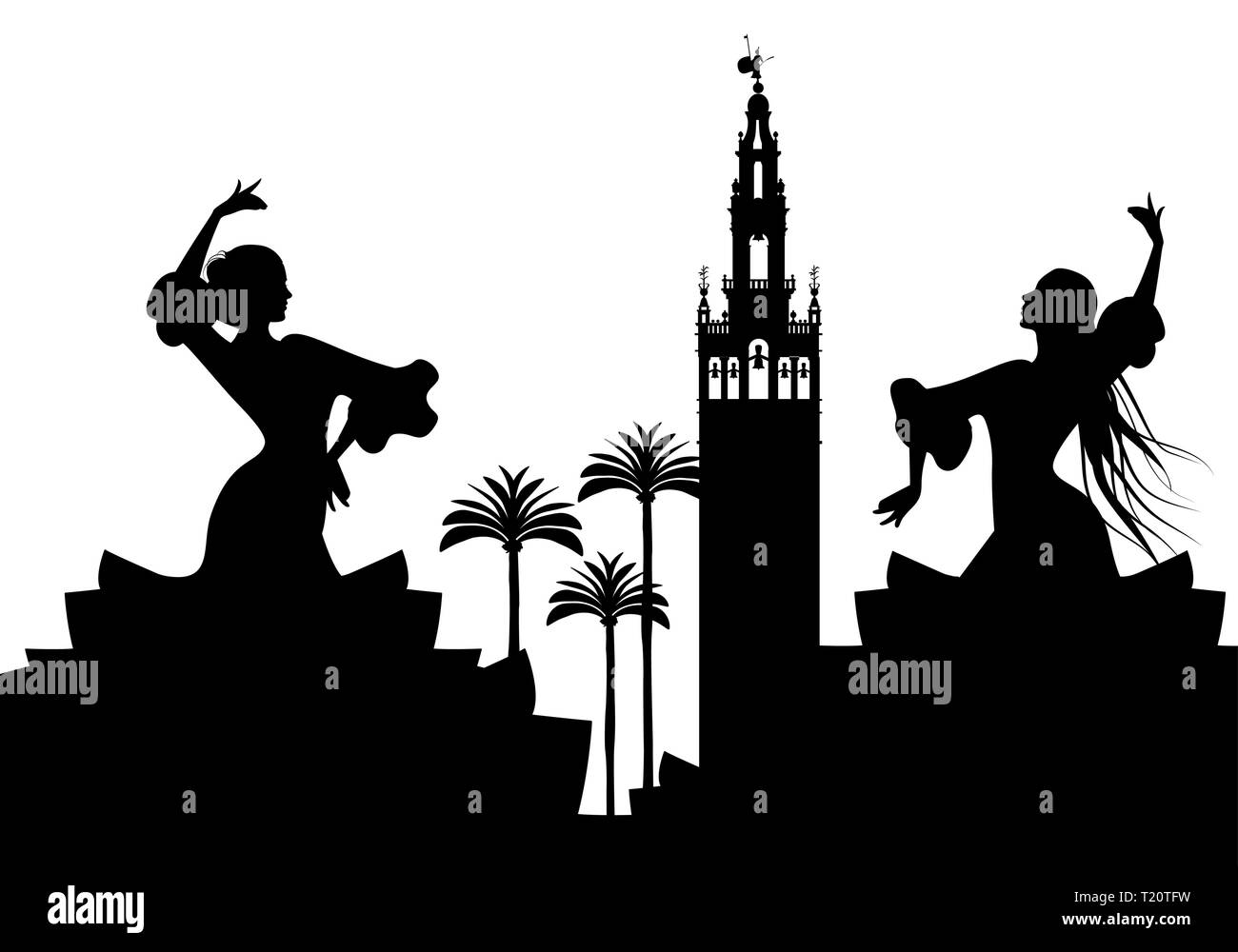 Silhouette de deux danseurs de flamenco, de palmiers et de monuments de Séville. (La Giralda) Illustration de Vecteur