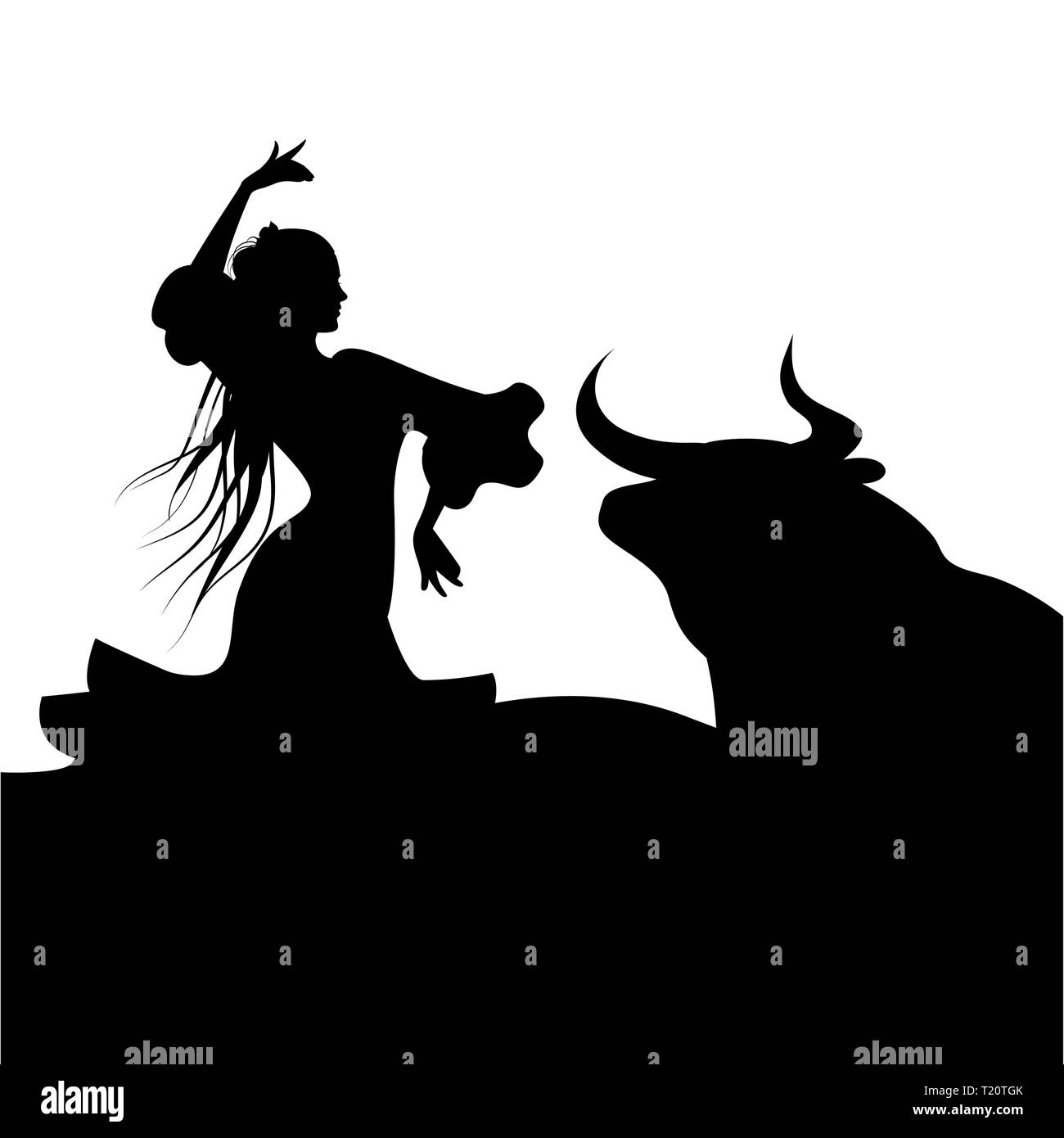 Sihouette de l'élégant et belle danseuse de flamenco espagnol avec de longs cheveux, danser devant un taureau Illustration de Vecteur