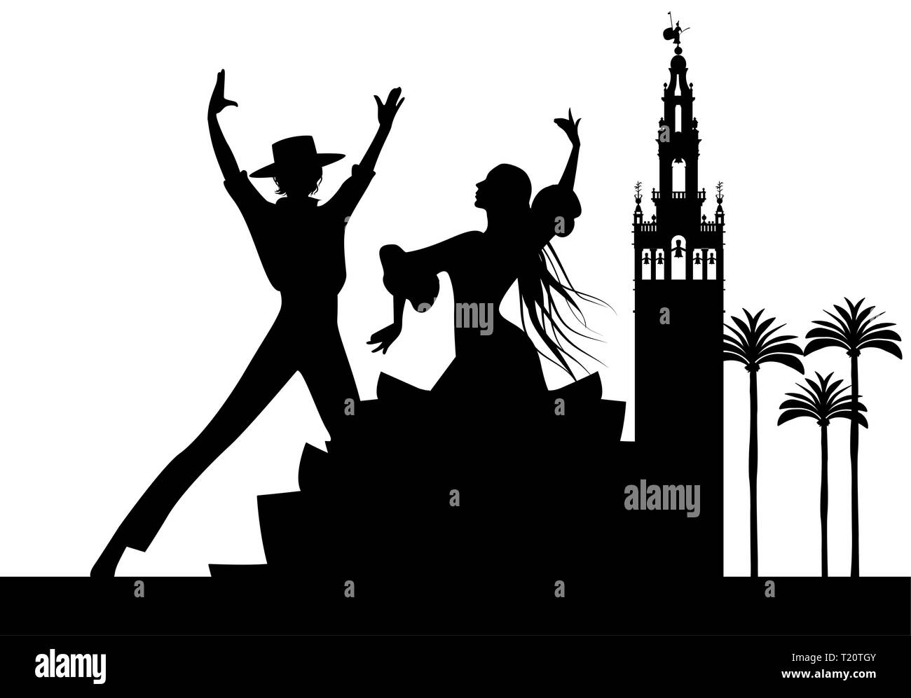 Silhouette de danseurs de flamenco espagnol, quelques palmiers et monuments de Séville. (La Giralda) Illustration de Vecteur
