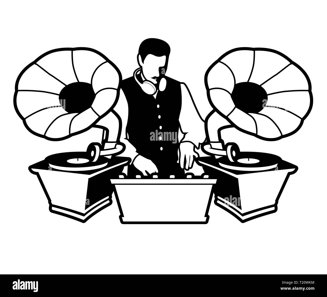DJ style rétro avec moustache, gilet, noeud papillon et les écouteurs autour du cou. Illustration de Vecteur