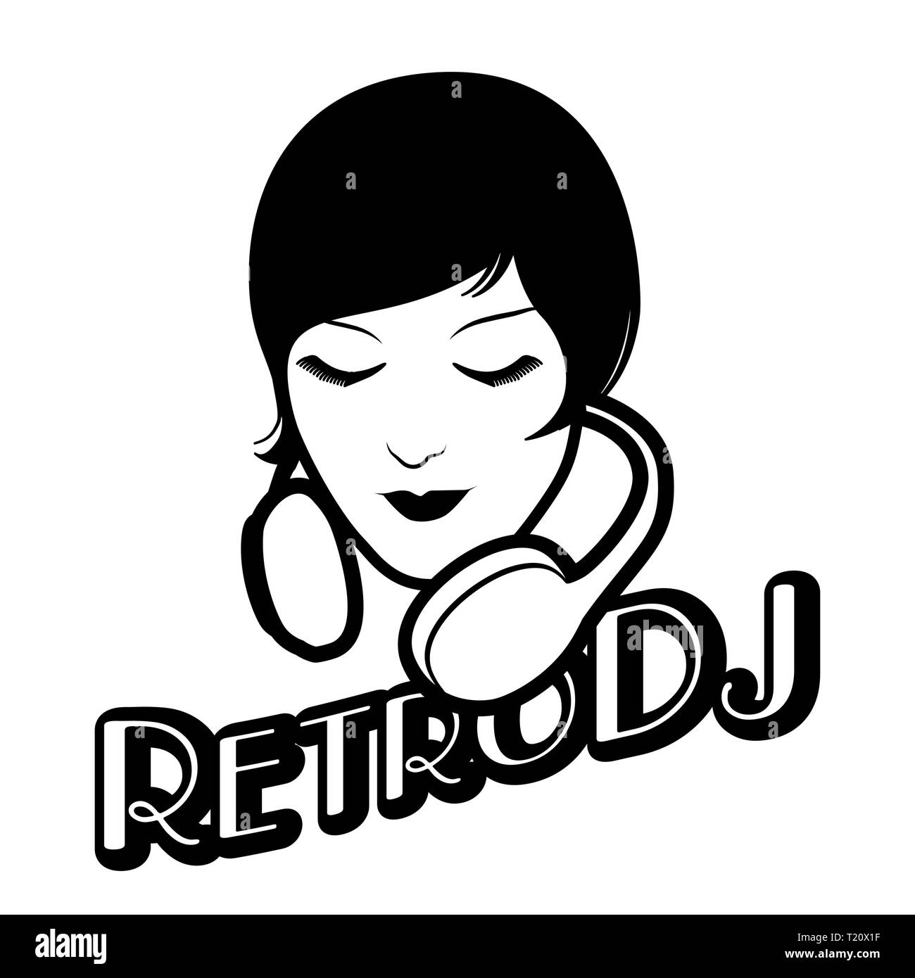 Femme style rétro avec des écouteurs autour de sa tête isolé. Vintage style ancien titre de lettrage. Illustration de Vecteur