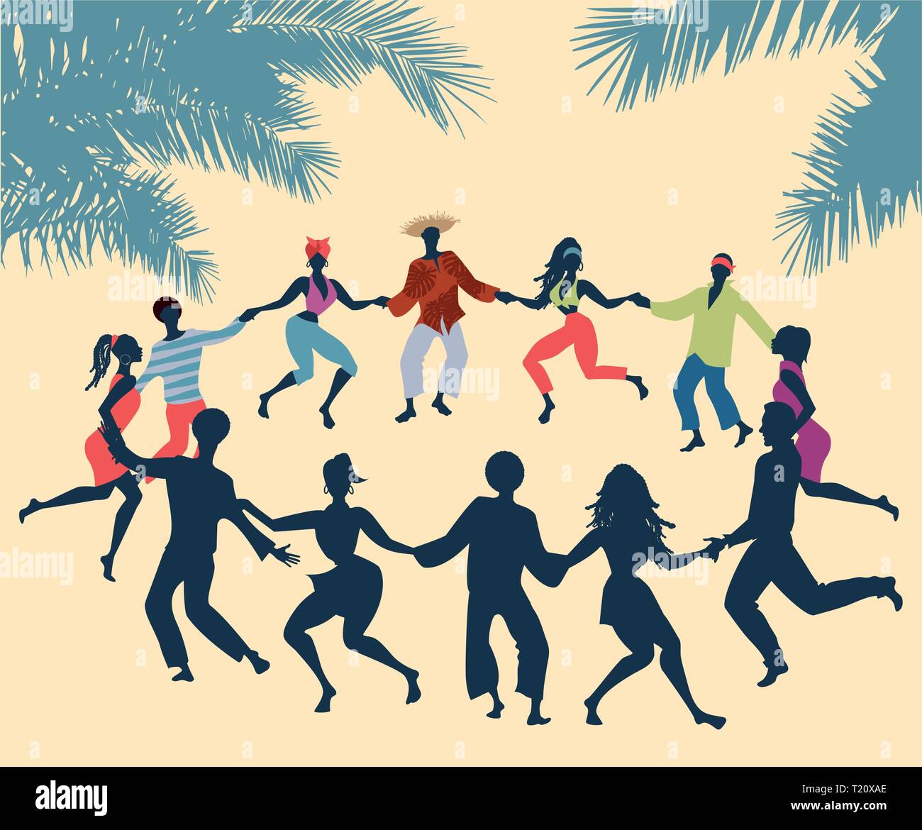 Rueda cubaine, ou groupe de personnes danser la salsa dans un cercle sous palmiers tropicaux Illustration de Vecteur