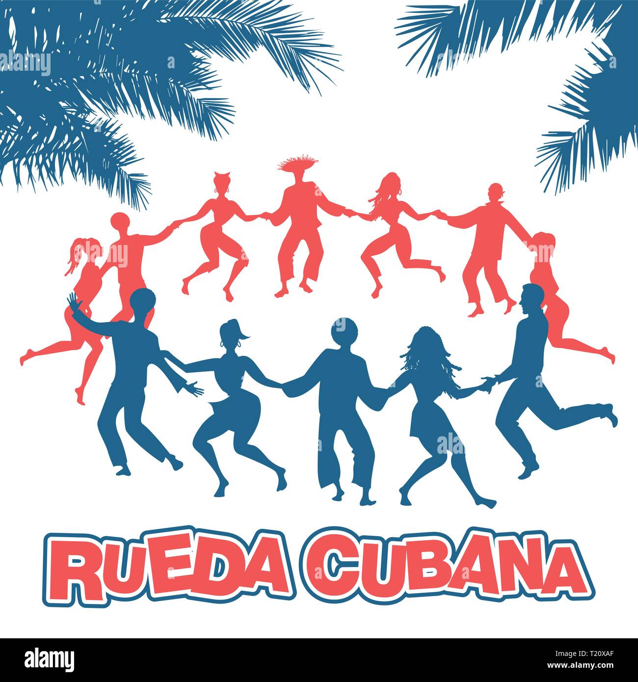 Rueda cubaine, ou groupe de personnes danser la salsa dans un cercle sous palmiers tropicaux Illustration de Vecteur