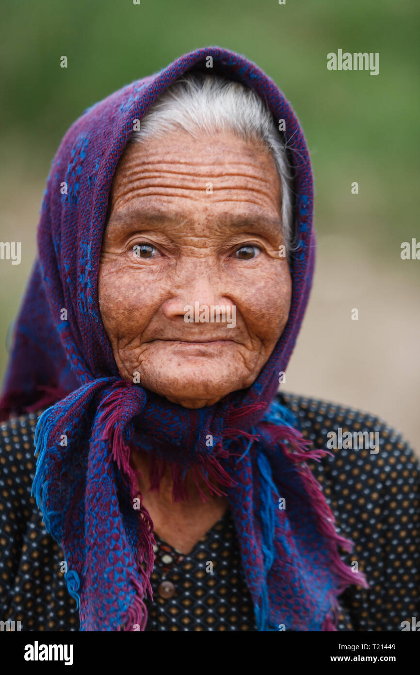 Portrait d'une vieille femme vietnamienne avec le joli foulard bleu à Hoi  An, Vietnam Photo Stock - Alamy