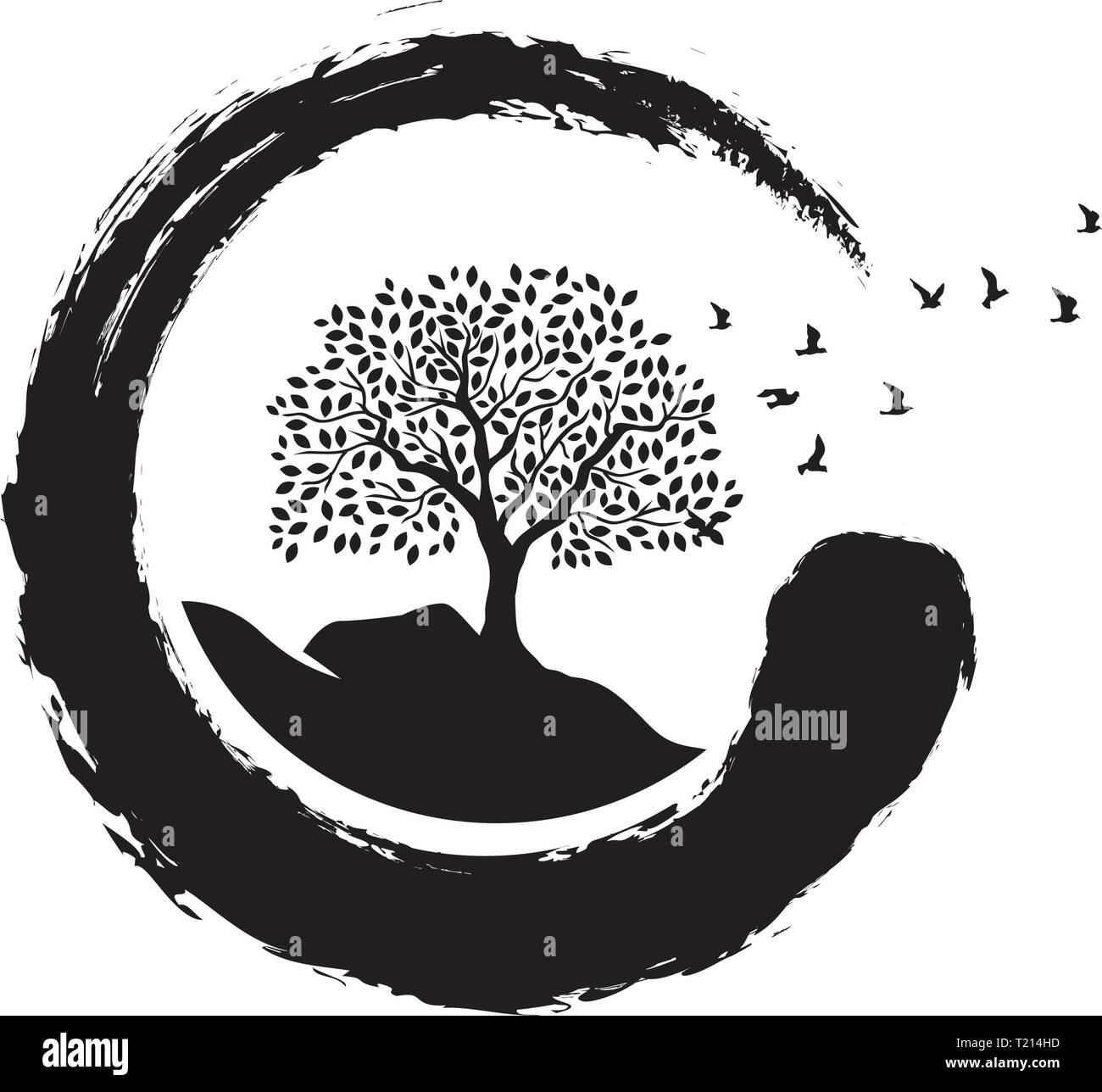Arbre, oiseaux et symbole zen Illustration de Vecteur