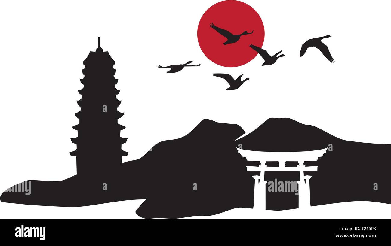 Japon Temple et Soleil Rouge Illustration de Vecteur