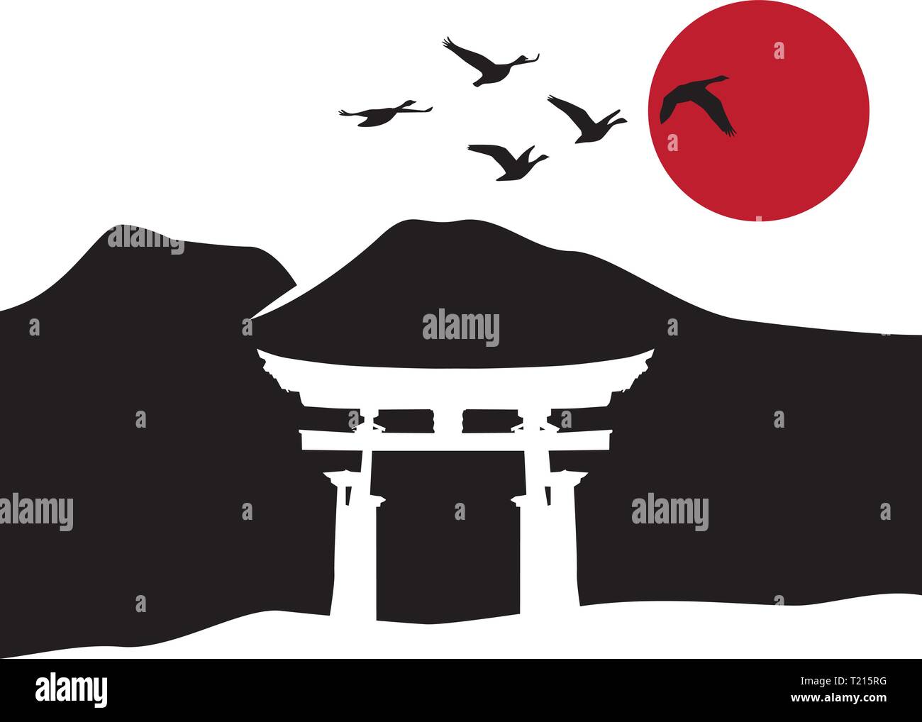 Japon Temple et Soleil Rouge Illustration de Vecteur