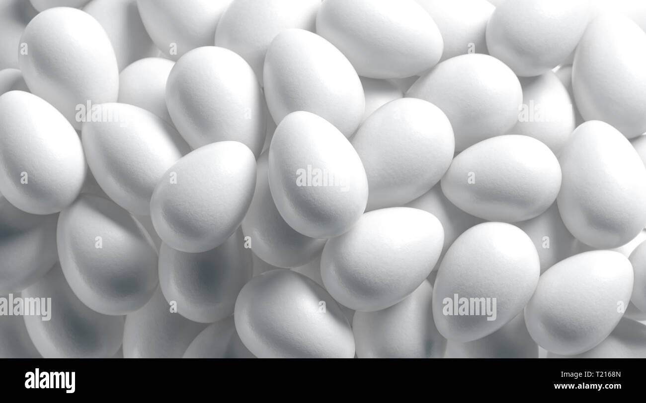 Oeuf de Pâques blanc vierge maquette pile, profondeur de champ, rendu 3d. Tas de vide les oeufs de poule immersive. Pile clair produit bouillie pour l'alimentation ou modèle de décor. Banque D'Images