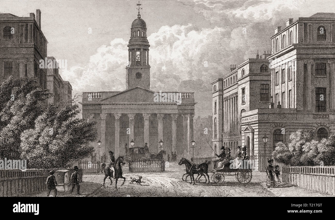 York Gate avec St Marylebone Parish Church, Regent's Park, London, UK, illustration par Th. H. Berger, 1826 Banque D'Images