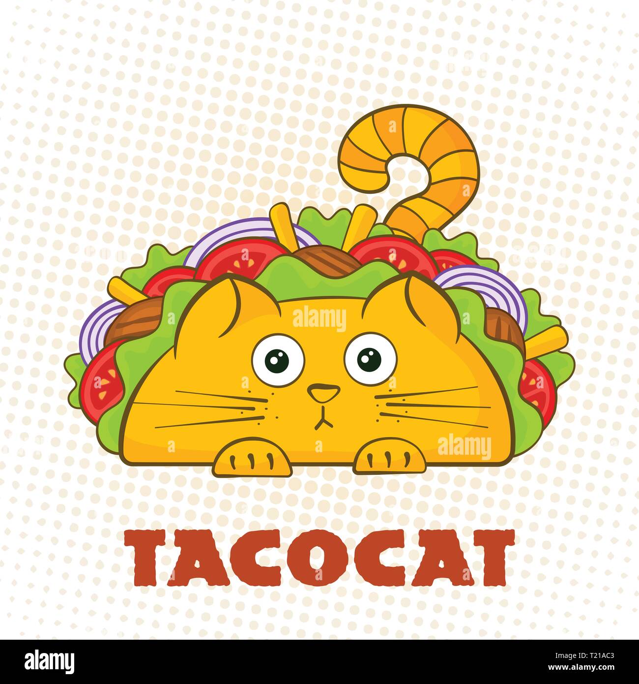 Tacocat personnage surprise taco fast food vector illustration symbole. Mascotte chat perplexe avec de délicieuses viandes de boeuf, salade et tomate dans Tacocat signe avec taco traditionnels pour la promotion de médias sociaux Illustration de Vecteur