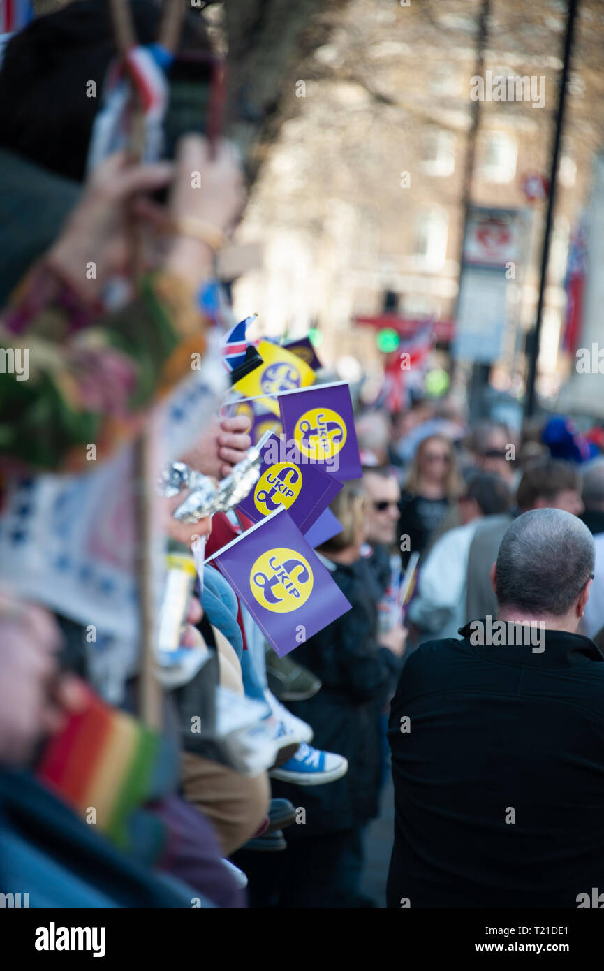 Londres, Royaume-Uni. Mar 29, 2019. Des gens aux drapeaux de United Kingdom Independence Party UKIP lors d'un rallye Pro-Leave près de la place du Parlement. Credit : Sandip Savasadia/Alamy Live News Banque D'Images