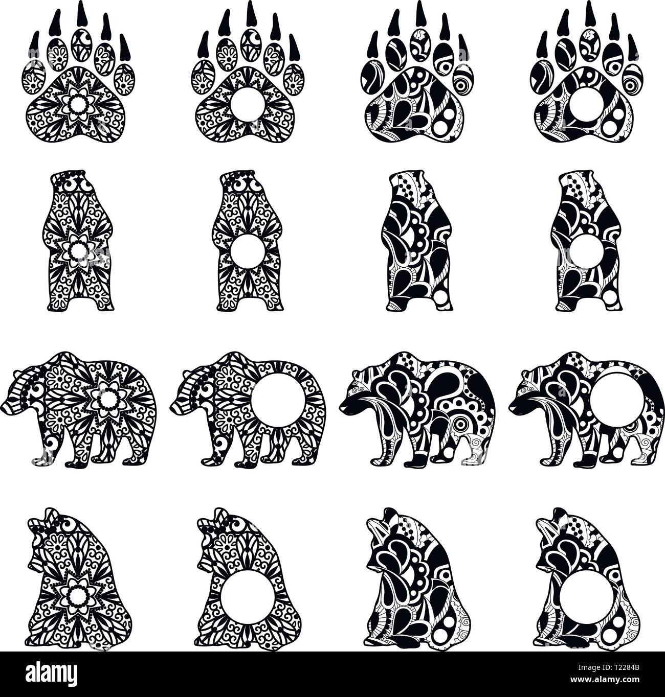Une collection de silhouettes d'ours dans différentes positions. Style de Mandala. Illustration de Vecteur
