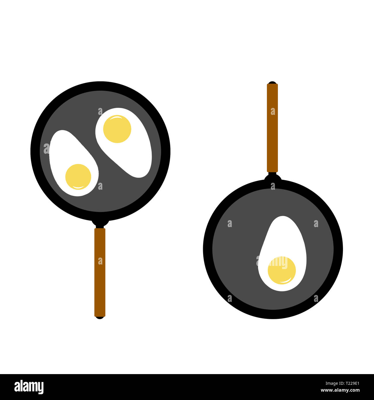 Oeufs frits dans deux poêles à frire sur fond blanc. L'illustration d'oeufs frits dans une poêle à fond blanc. Banque D'Images