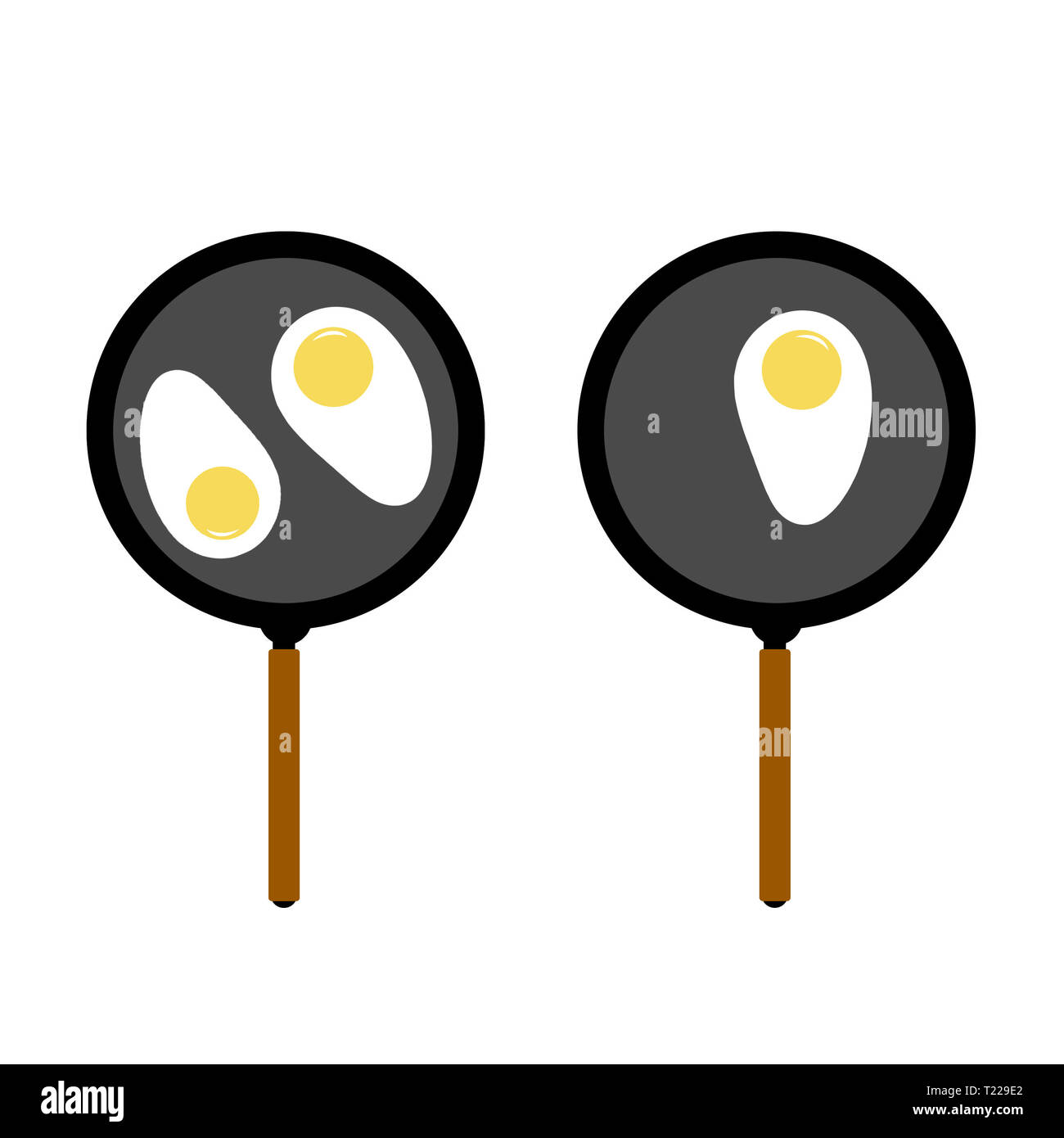 Oeufs frits dans deux poêles à frire sur fond blanc. L'illustration d'oeufs frits dans une poêle à fond blanc. Banque D'Images