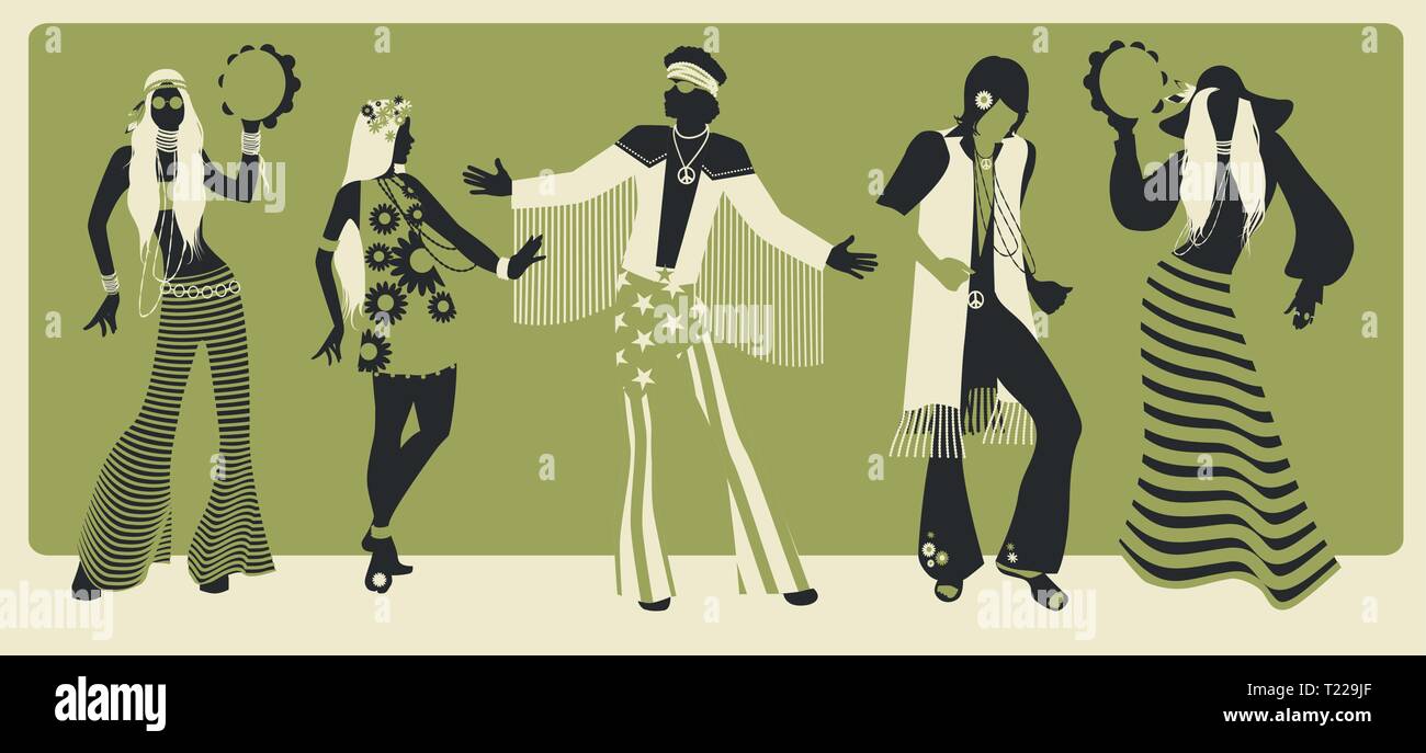 Groupe de cinq portant des vetements hippie des annees 60 et 70 de la danse Image Vectorielle Stock Alamy