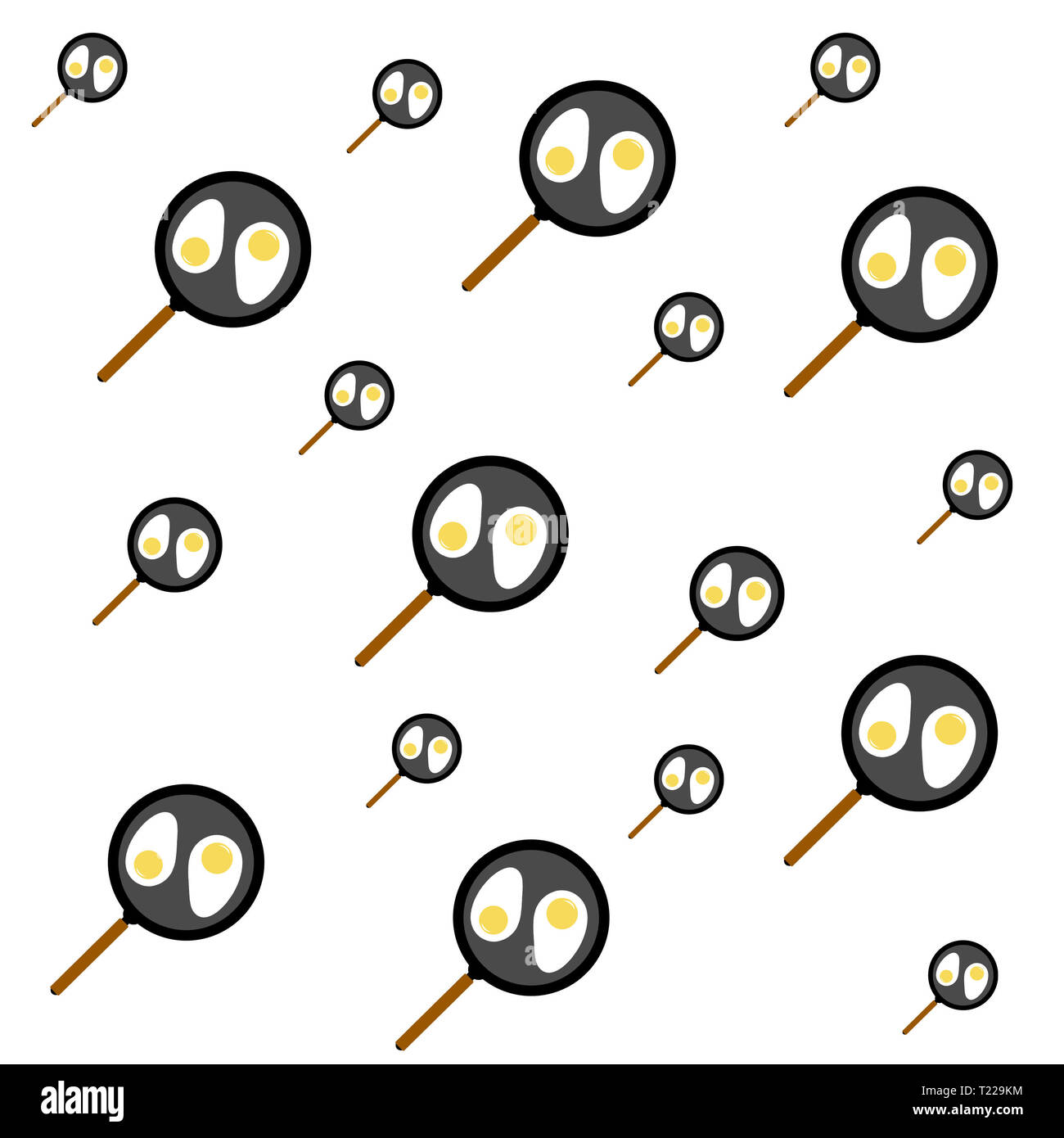 De nombreux poêles à frire avec les œufs sur fond blanc. Cuisine créative Illustration d'œufs frits dans les poêles à frire. Banque D'Images