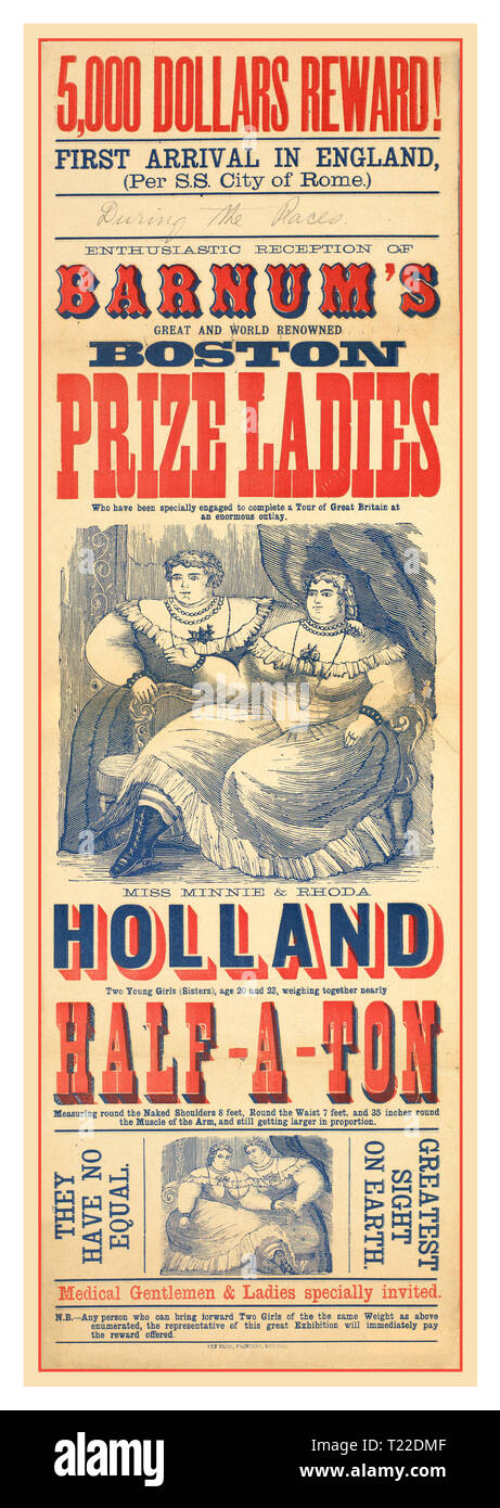 Vintage 1880's BARNUMS PRIX BOSTON MESDAMES Entertainment politiquement incorrect Poster "freak show" accueil enthousiaste de Barnum est grand et célèbre prix Boston chers qui ont été spécialement engagés pour effectuer un tour de Grande-bretagne lors d'une dépense énorme : Miss Minnie & Rhoda Hollande... Banque D'Images