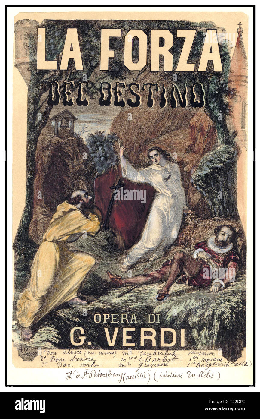 Vintage poster divertissement pour Giuseppe Verdi's "La Forza del Destino Opéra' 1862 Premiere tenue le 10 novembre Théâtre Bolchoï Kamenny, Saint Petersburg URSS Banque D'Images