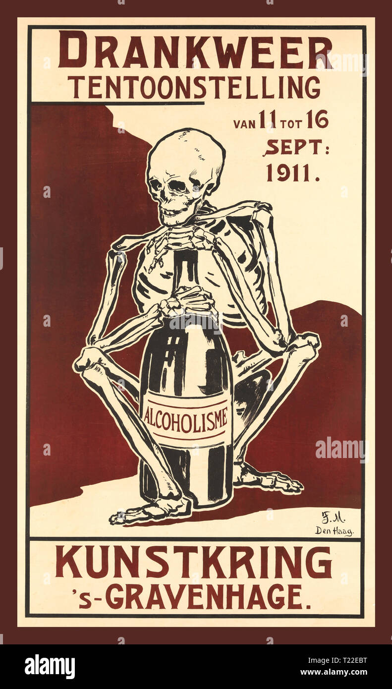L'ALCOOLISME Alcoolisme Alerte santé affiche un squelette, serrant une bouteille étiquetée 'Alcoholisme' ; la publicité d'un Dutch exposition internationale sur l'abus d'alcool à La Haye, 1911. Lithographie, pour coïncider avec le 13e Internationaal Congres tegen het Alcoholisme, qui a eu lieu à La Haye en septembre 1911 Congrès international contre l'alcoolisme 1911 La Haye, Pays-Bas squelette humain.L'ALCOOLISME EXPOSITION, Pays-Bas, 1911, une exposition sur l'abus d'alcool. Les Pays-Bas, 1911. Banque D'Images