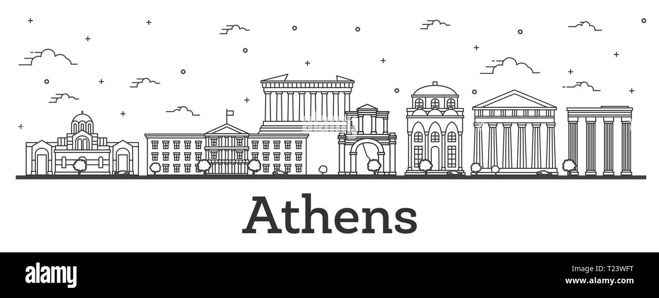 Athènes Grèce aperçu sur les toits de la ville aux bâtiments historiques isolé sur blanc. Vector Illustration. Paysage urbain d'Athènes avec repères. Illustration de Vecteur